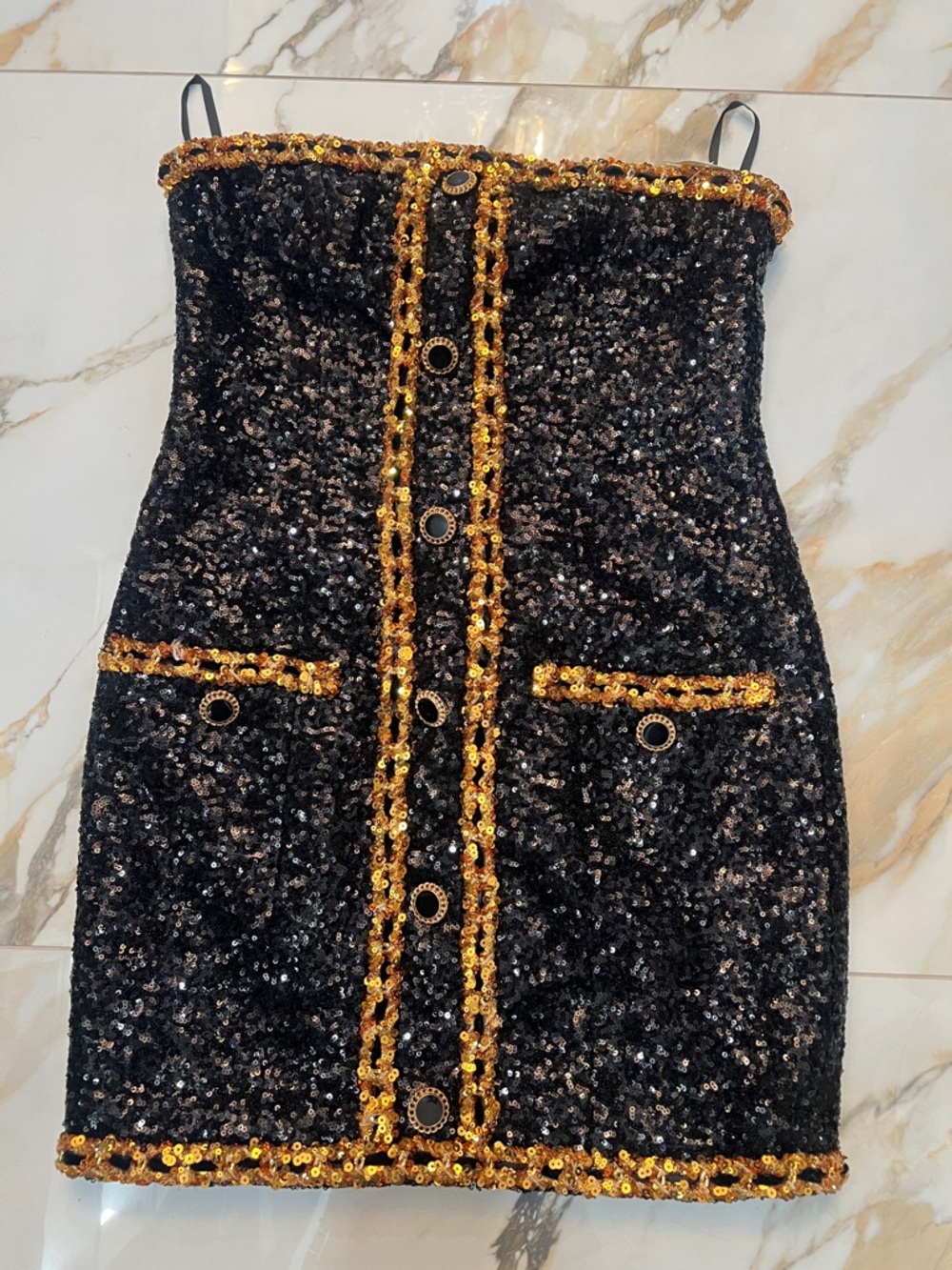 Black Sequin Strapless Mini Dress with Gold Trim